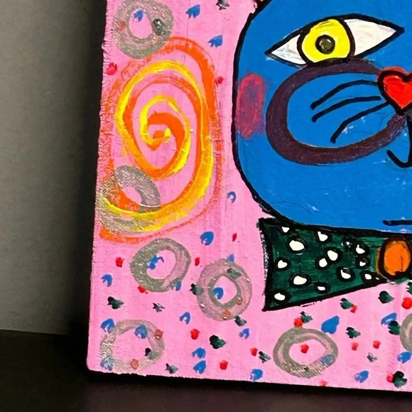 Cat Painting On Wood Nursery Pink Pop Art 9 X 7.5 Whimsical Swirls Dots Fun - Picture 6 of 15